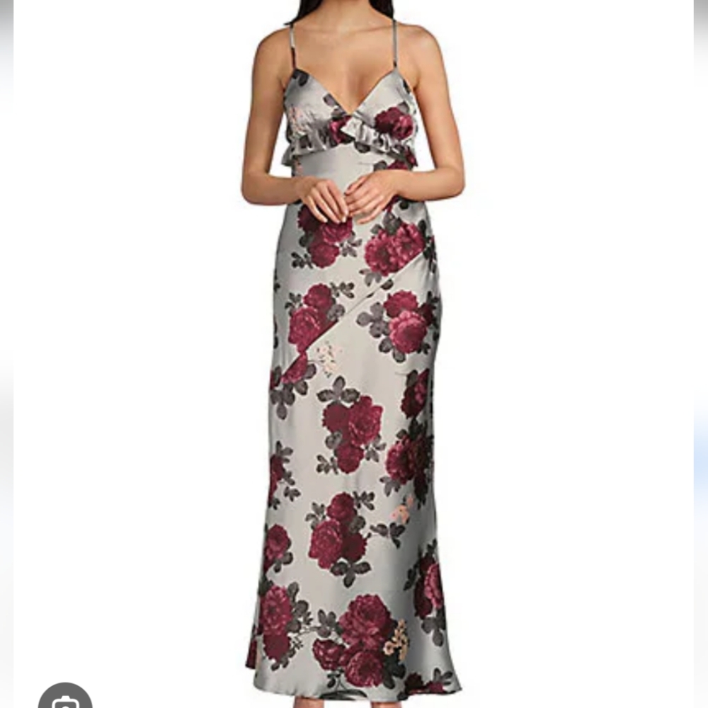 Floral Spaghetti Strap Gown - Burgundy and Cream